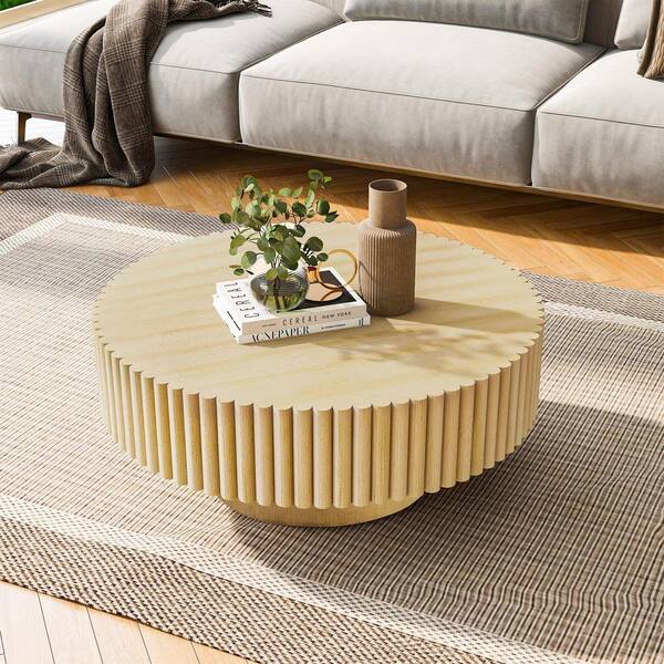 32 in. Natural Round Wood Coffee Table, Fluted Drum Tea Table