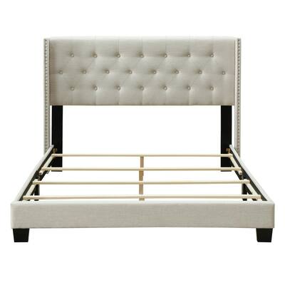 Upholstered Queen Platform Bed with Classic Headboard, Wood Slat Support, Beige Linen Fabric