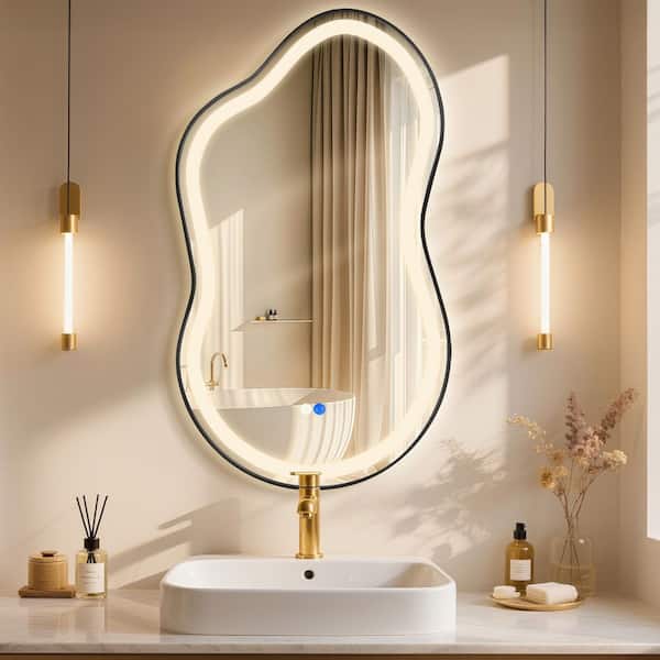 46 in. W x 26 in. H Asymmetrical Black Framed LED Light Anti-fog 3-Colors Dimmable Irregular Wall Mirror