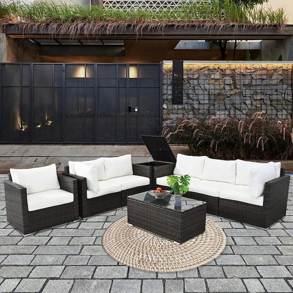 Cesicia 8-Pieces Brown Wicker Outdoor Sectional Set with Glass Coffee Table and Beige Cushions
