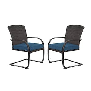 2-Piece Patio Metal Outdoor Dining Chairs with Blue Cushion