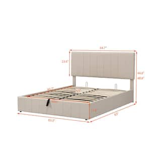 Beige Queen Size Upholstered Platform Bed with a Hydraulic Storage System