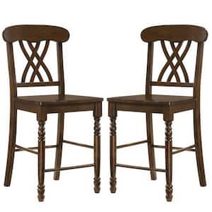 36.5 in. Brown Low Back Wood Frame Counter Height Stool Chair with Wooden Seat (Set of 2)