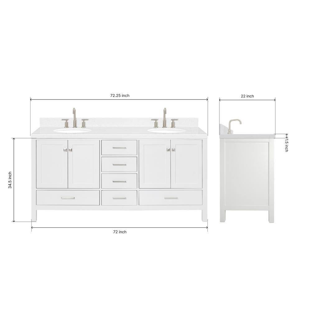Cambridge 72" White Wood Double Sink Vanity with Quartz Top