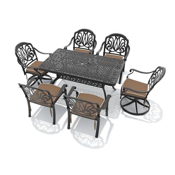 7-Piece Black Cast Aluminum Patio Outdoor Dining Set with Rectangular Table and 6 Swivel Dining Chairs, Brown Cushions