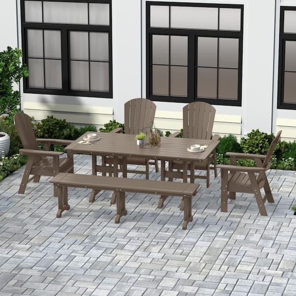 Altura Outdoor Patio Weather Resistant 6-Piece HDPE Plastic Weatherwood Rectangle Adirondack Dining Set With Bench