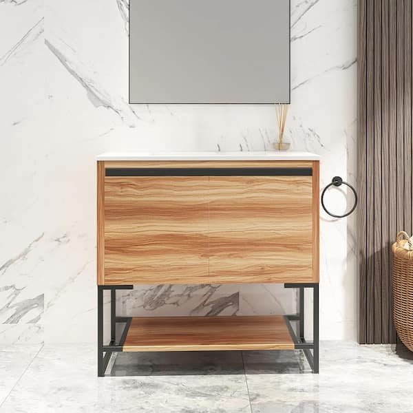 FUNKOL 36 in. W x 18 in. D x 35 in. H Bath Vanity in Brown (Maple) with White Ceramic Top