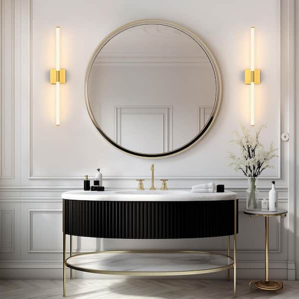 24 in. Brushed Gold Battery Operated Wall Sconce (Set of 2) 360° Rotatable Dimmable Rechargeable Wall Light with Remote