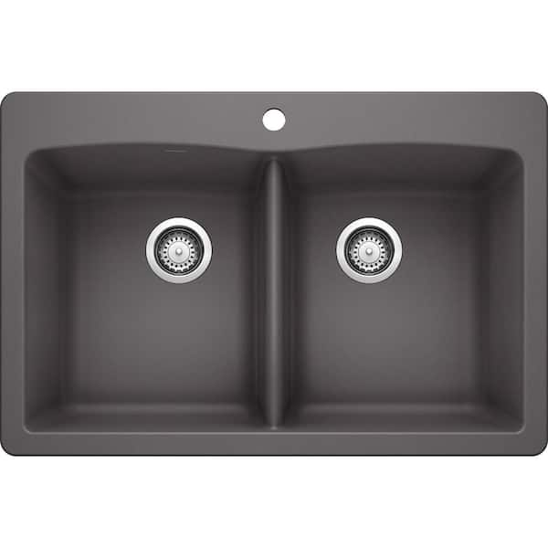 Blanco DIAMOND SILGRANIT Slate Granite Composite 33 in. Double Bowl Drop-In or Undermount Kitchen Sink in Cinder