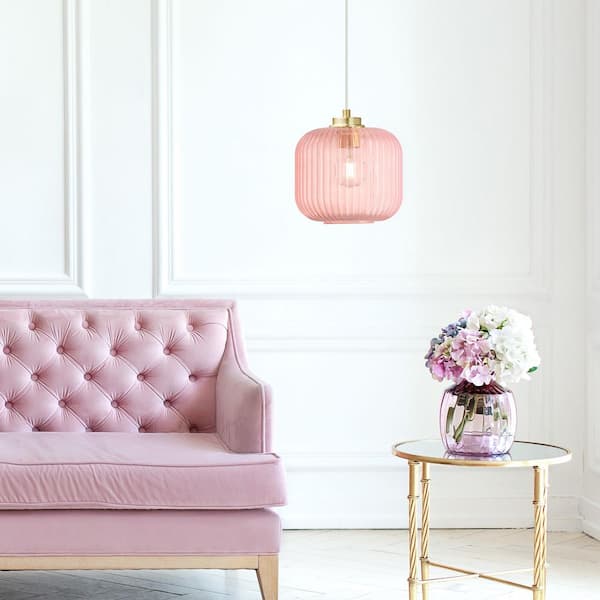 Hadley 8 in. 1-Light Gold Pendant with Pink Glass Shade