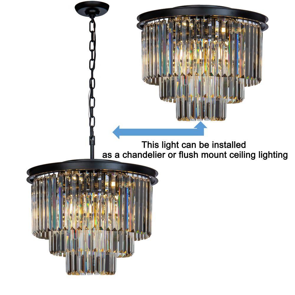Matte Black 3-Tier Crystal Fringe Chandelier with 6 Lights