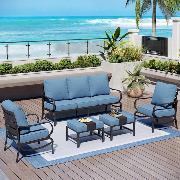 Black 5-Piece Metal Slatted 7-Seat Outdoor Patio Conversation Set with Navy Blue Cushions and 2 Ottomans