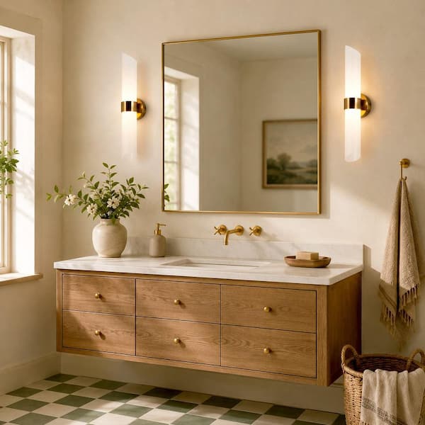 21.3 in. H 1-Light Mid-Century Modern Brass Gold Dry-Rated Wall Sconce Integrated LED Light with Frosted Glass Shades