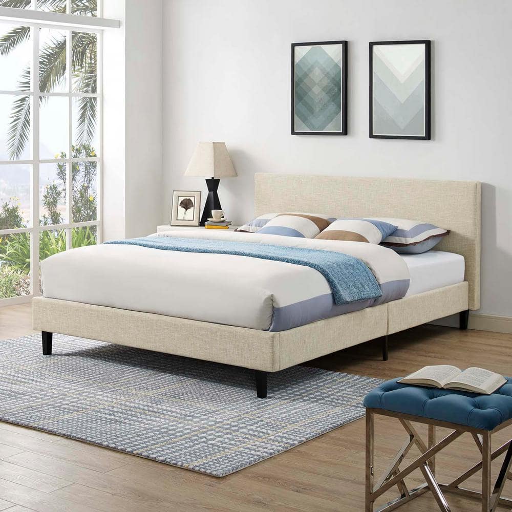 Beige Full Upholstered Tufted Wood Platform Bed
