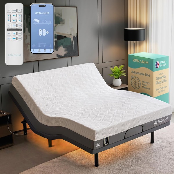 Gray SFE King Adjustable Bed Frame Plus Medium-Firm Cooling Gel Memory Foam Mattress-USB,Under Bed Light,Wireless Remote