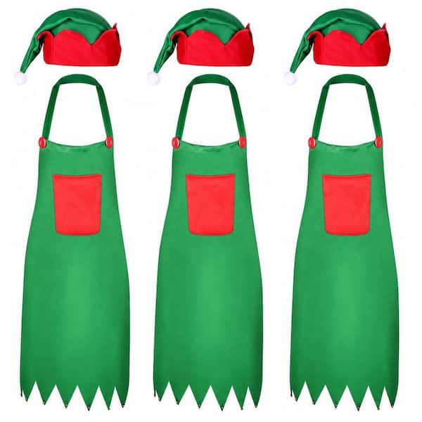 6-Piece 21 in. x 29 in. Christmas Apron and Hat Set, Red and Green Kitchen Apron with Holiday Decor for Christmas Party