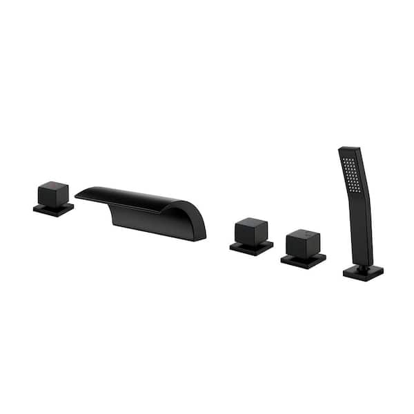 3-Handle Deck-Mount Roman Tub Faucet with Hand Shower in Matt Black