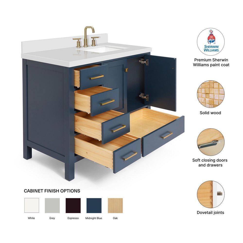 Midnight Blue 43" Freestanding Vanity with White Quartz Top