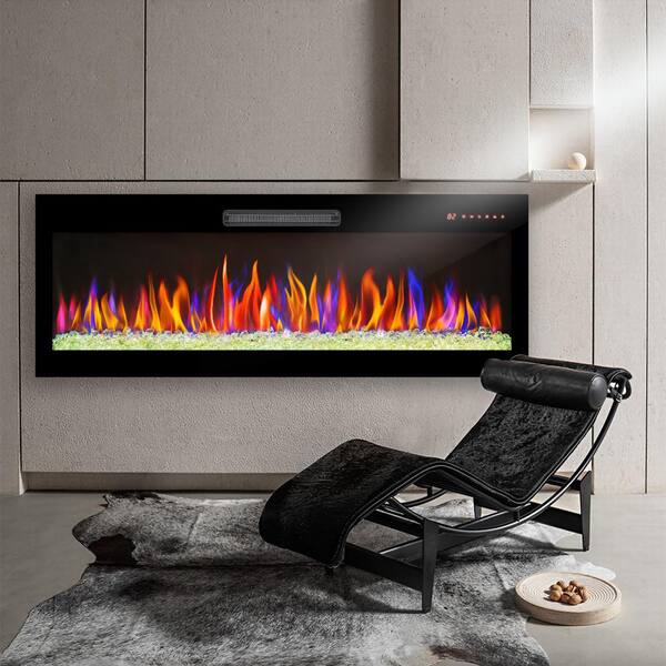 AFAIF - 60 in. Ultra-Thin Wall Mounted Electric Fireplace, Recessed LED Light Heater with Remote Control in Antique Black