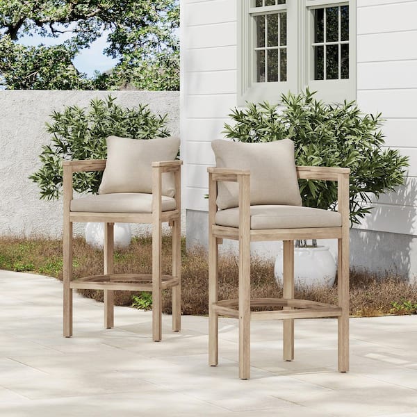 Yuri 28 in. Solid Wood Patio Outdoor Bar Stool with Beige Cushions, Curved Back, Arms, Light White Finish, (Set of 2)