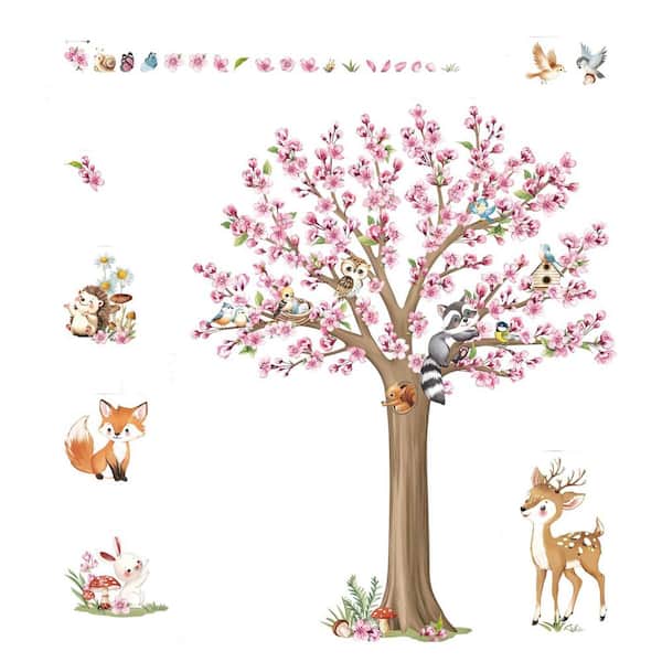 42 in. x 53 in. Pink Woodland Animals Large Flower Tree Wall Decals, Cherry Blossom Deer Fox Wall Stickers for Bedroom
