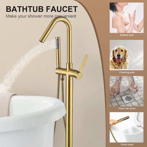 Single-Handle Freestanding Tub Faucet Bathtub Filter with Handheld Shower in Brushed Brass