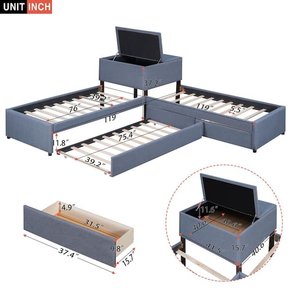 Gray Wood Frame Twin Size Platform Bed with Storage Headboard, Shelves and 4 Drawers