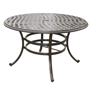 Halston Espresso Brown Round Cast Aluminum Outdoor Dining Table with 2 in. Umbrella Hole