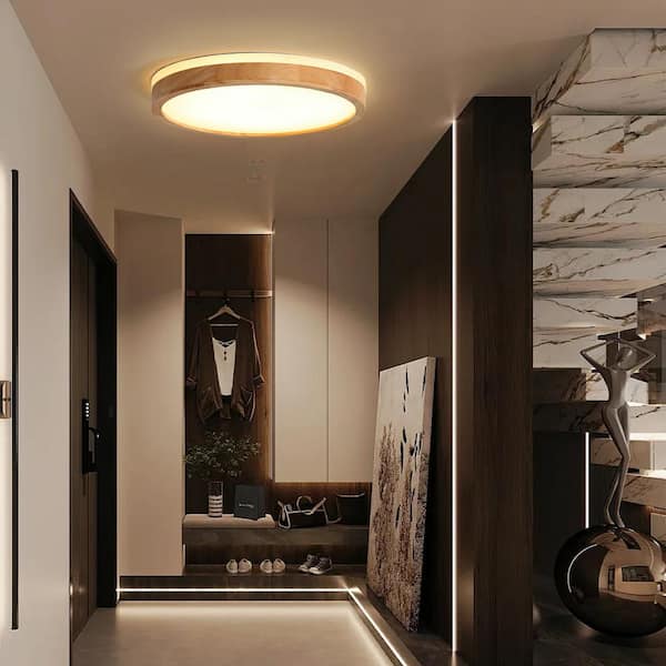 Lumin 19.7 in. 1-Light Wood and White Finish Dimmable LED Flush Mount for Bedroom Kitchen Living Room Dining Room
