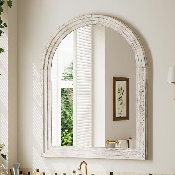 30 in. W x 40 in. H Large Arched Wooden Pale Taupe Framed Wall Vanity Mirror Bathroom Mirror