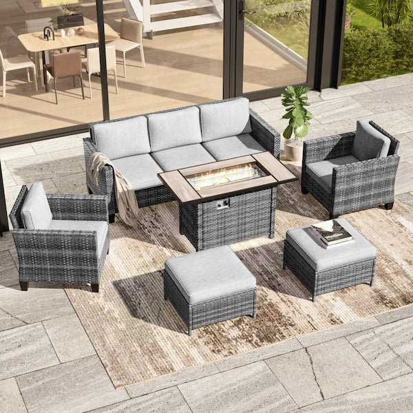 6-Pieces Patio Conversation Set with Rectangle Fire Pit Table, Gray Wicker Wide Armrests Sofa with Linen Gray Cushion