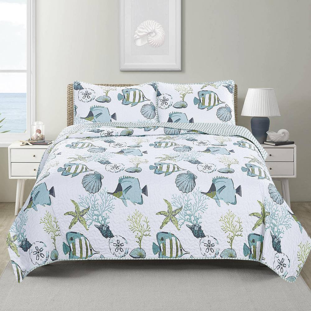 White Twin Microfiber Reversible Nautical Bedspread Set