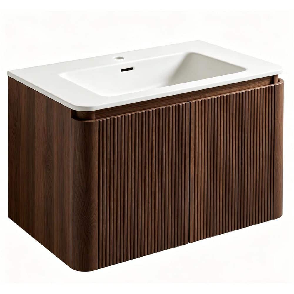 30 in. Floating Single Sink Wall Hung Black Walnut Bath Vanity with White Ceramic Top and Soft-Close Door price history on PriceWatchPro