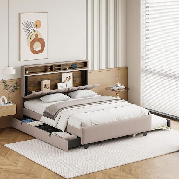 Harper & Bright Designs Beige Wood Frame Queen Linen Fabric Platform Bed with Storage Headboard, Twin XL Trundle, Drawers, Sockets and USB Ports