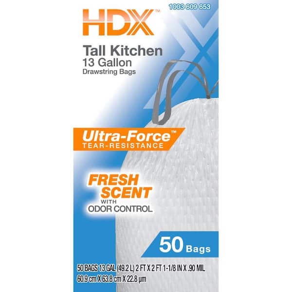 HDX 13 Gal. White Fresh Scent Drawstring Trash Bags with 10% PCR (50-Count)