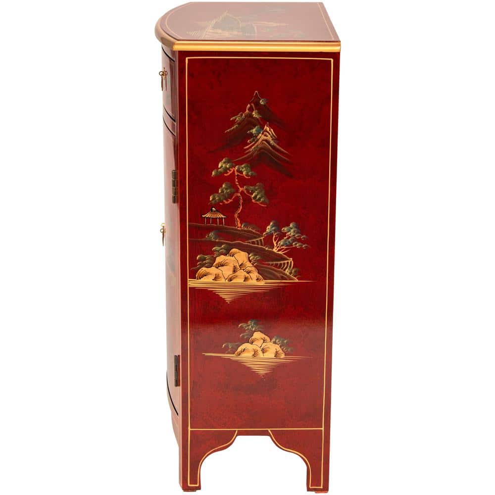 Red Lacquer Hand-Painted Landscape Solid Wood Accent Cabinet