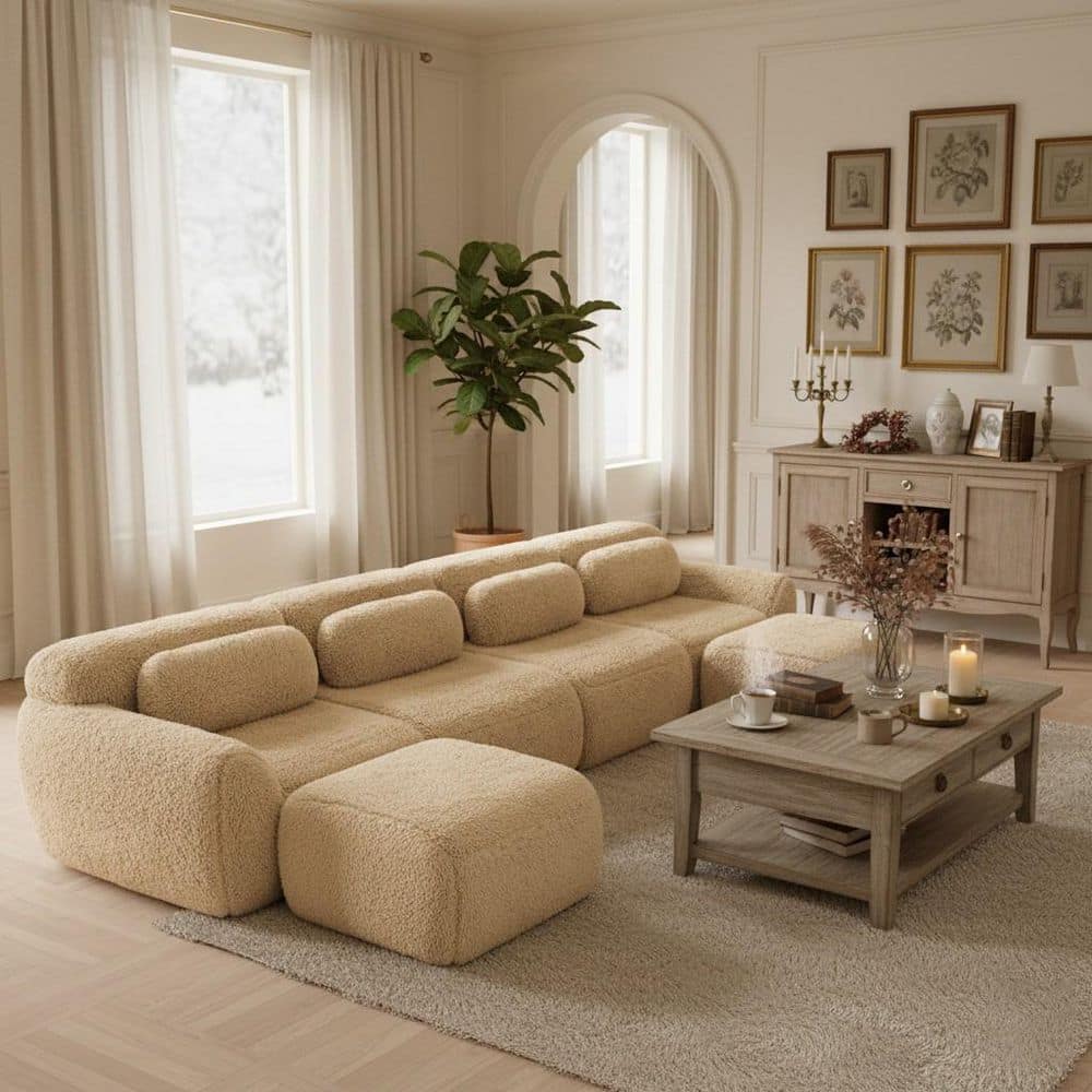 Homy Casa 149 in. Pillow Top Arm 6-Piece Plush Microfiber Modular