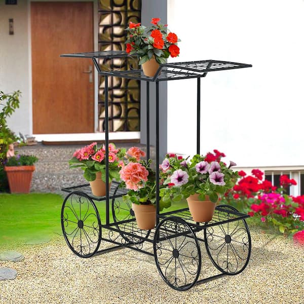 Cart Plant Stand Wrought Iron 6 Pot Flower Rack 4 Wheel Garden Home Corner Black 
