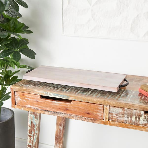 Litton Lane Cream Mango Wood Decorative Tray with Black Metal Handles