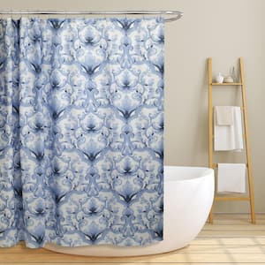 Miley 70 in. Blue Scroll Damask Canvas Shower Curtain