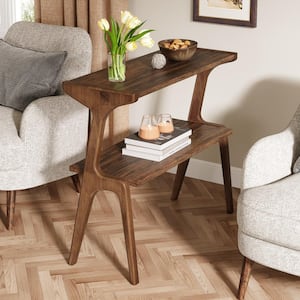 Kerlin 2PCS 27. 56in. Dark Brown Rectangle Wood End Table Narrow Sofa Side Table with Shelves for Living Room, Bedroom