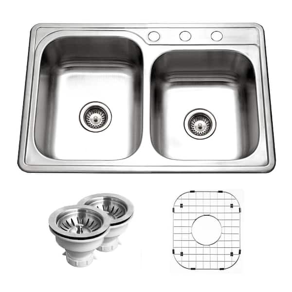 HOUZER Glowtone 33 in. Stainless Steel Drop-In 3-Hole 60/40 Double Bowl Kitchen Sink with Accessories - ISL-3322BS3-C