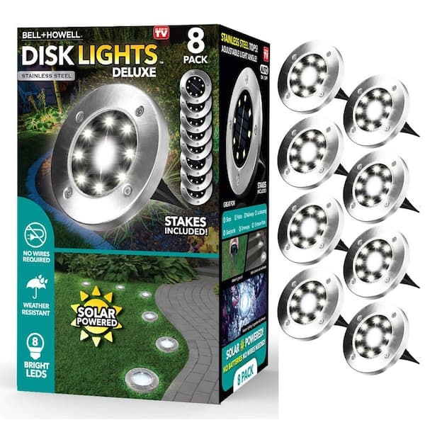 Bell + Howell Solar Powered Stainless Steel Outdoor Integrated LED Super Bright In-Ground Path Disk Lights (8 per Box)