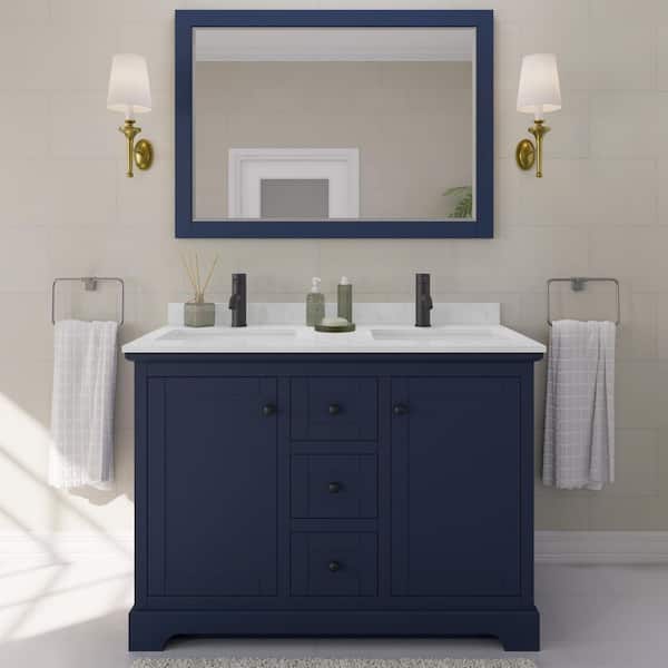 Avery 48 in. W x 22 in. D x 35 in. H Double Bath Vanity in Dark Blue with Carrara Cultured Marble Top