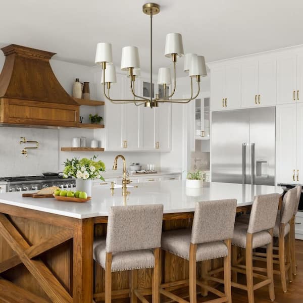 31 in. 8-Light Modern Antique Plated Brass Linear Chandelier, Farmhouse Candlestick Chandelier with Cone Fabric Shades