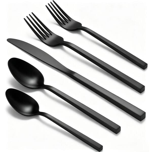 20-Piece Black Forged Stainless Steel Flatware Serving (Set for 4) with Square Handle, Dishwasher Safe