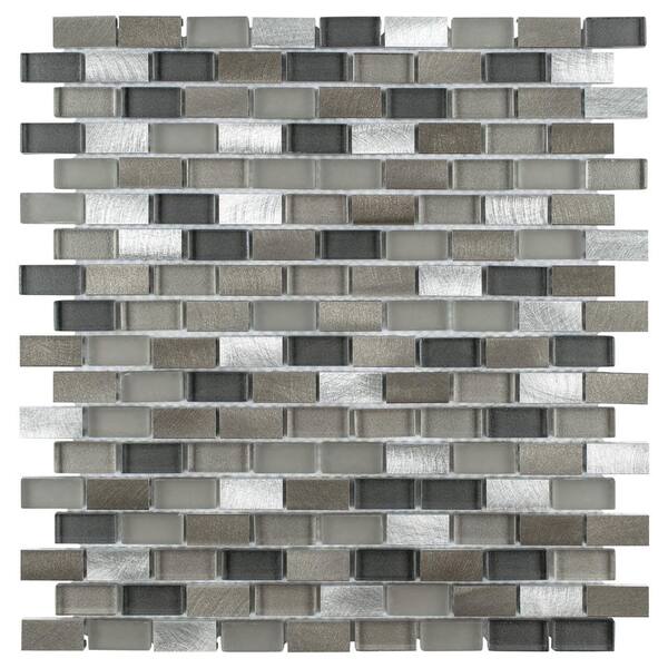 Merola Tile Fusion Mini Subway Aragon 11-1/4 in. x 12 in. x 6 mm Brushed Aluminum and Glass Mosaic Tile