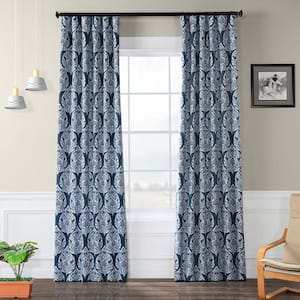 Woodcut Navy Blue Room Darkening Curtain - 50 in. W x 96 in. L (1 Panel)