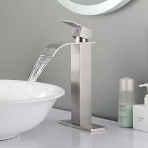 Arc Waterfall Single Handle Single Hole Bathroom Faucet and High-body in Brushed Nickel