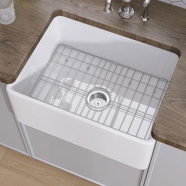 Aex 24 in. White Farmhouse Sink Fireclay Farm Sink Apron Front Single Bowl Kitchen Sink with Bottom Grid and Strainer